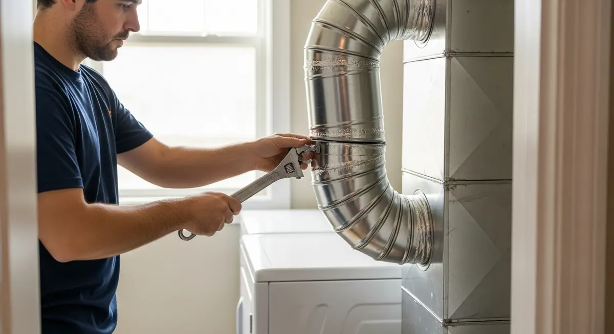 Professional HVAC technician installing rigid aluminum dryer vent ductwork through an exterior wall of a residential home in Charlotte North Carolina laundry room with a white dryer visible in the background