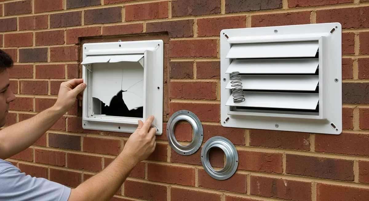 Professional HVAC contractor replacing cracked white plastic louvered dryer vent wall cap on brick exterior wall of Raleigh North Carolina 2005 colonial style house showing contractor installing new white aluminum spring-loaded dryer vent cap on residential exterior Wake County North Carolina suburban neighborhood photograph