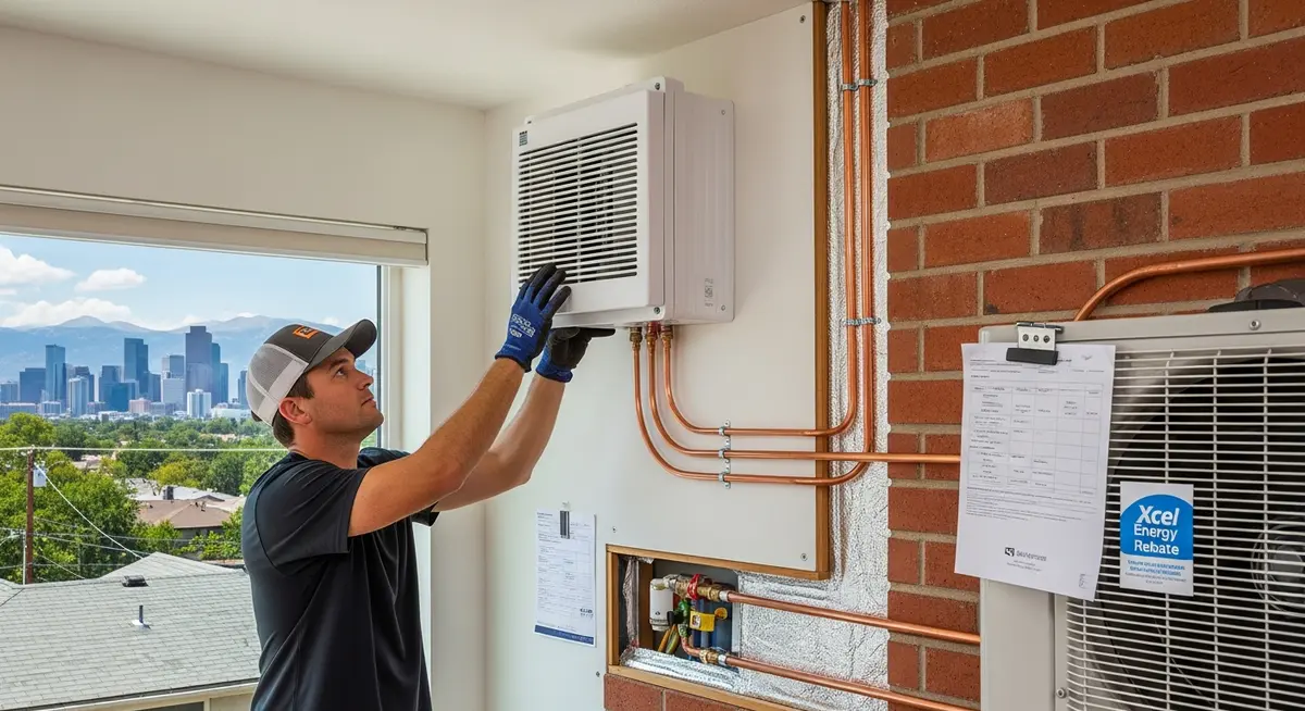 Professional ductless mini split installation contractor mounting a white wall-mounted indoor air handler unit on the interior wall of a Denver Colorado home showing the refrigerant line set copper tubing running through a wall sleeve to the outdoor condenser unit a multi-zone ductless mini split system with two indoor heads installed in a 1960s Denver brick ranch home with exposed copper refrigerant lines properly insulated and secured to the exterior brick an Xcel Energy rebate sticker on the paperwork and the Denver skyline visible through the window with Rocky Mountain foothills in the background
