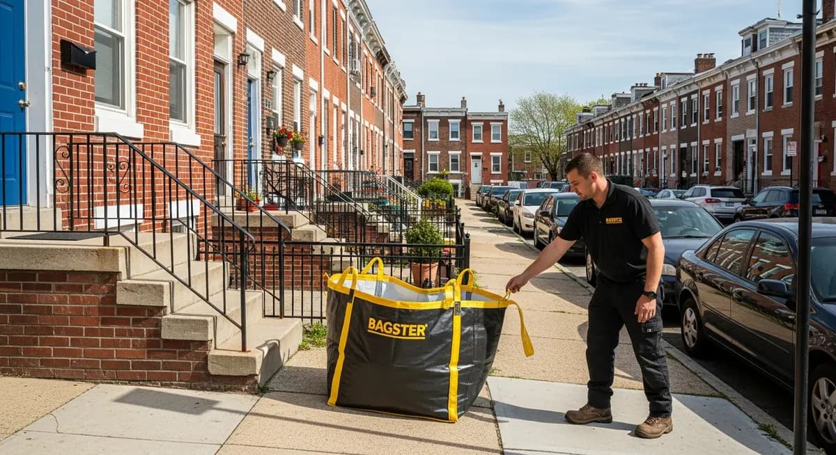Professional dumpster bag rental service worker placing a large flexible dumpster bag on a Philadelphia Pennsylvania rowhouse driveway during a home renovation debris removal project in South Philadelphia neighborhood