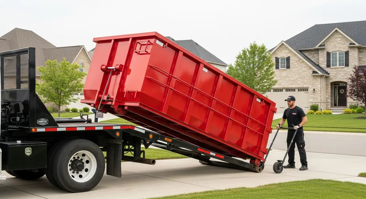 Professional dumpster rental delivery driver lowering a roll-off container from a flatbed truck in a residential driveway during a home renovation debris removal project