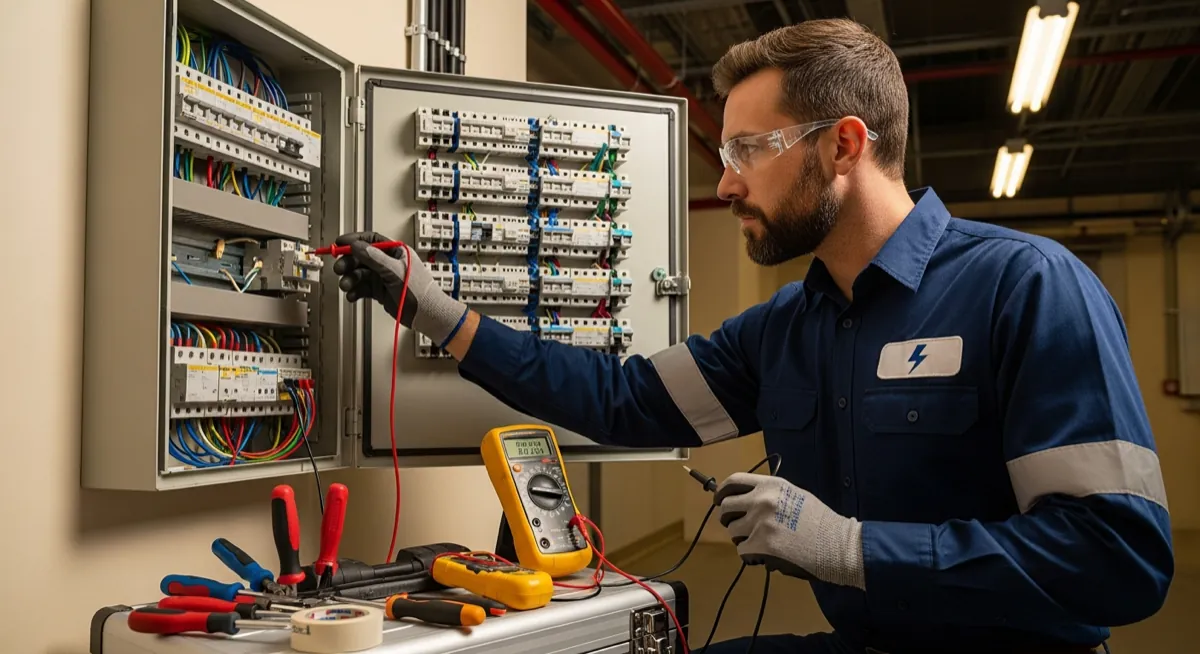 Professional electrician working on an electrical panel for electrician marketing