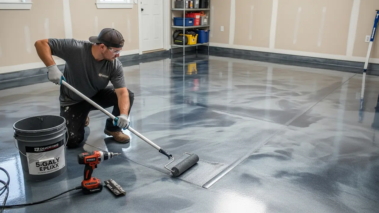 Professional epoxy floor coating contractor applying metallic epoxy coating to a residential garage floor with a roller showing the smooth glossy finish