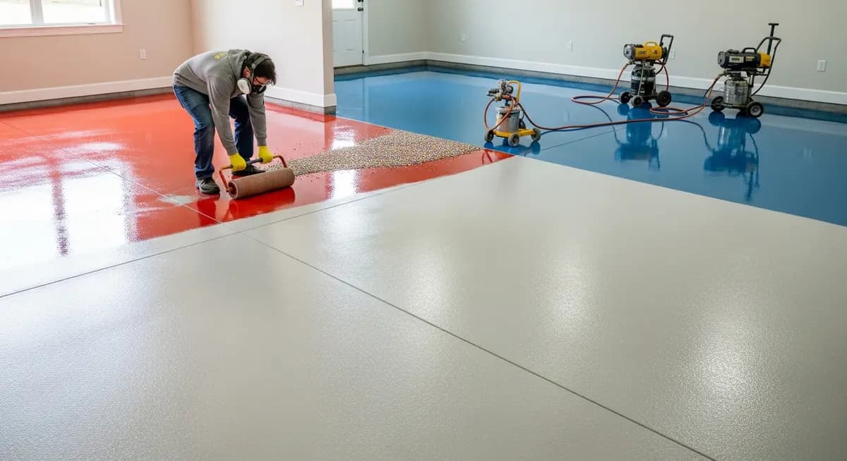 Professional epoxy garage floor contractor applying decorative chip broadcast flake epoxy coating to a two-car garage floor in an Atlanta Georgia suburban home showing the technician rolling the epoxy base coat with colorful chip flakes and the glossy finished epoxy floor visible in the background