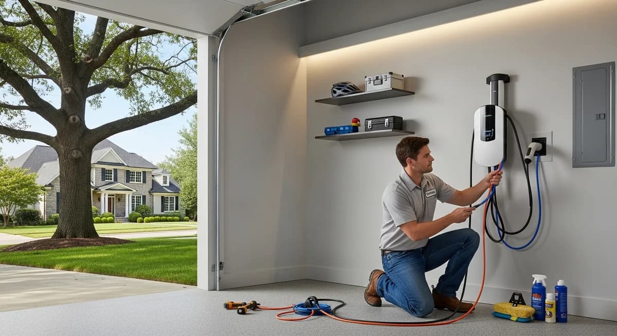Professional EV charger installation contractor mounting a Level 2 electric vehicle charging station on a garage wall in a modern residential home