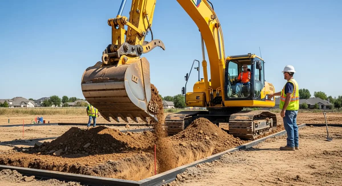 Professional excavation contractor operating large yellow excavator machine digging a residential foundation with clean vertical walls and freshly graded earth at a new home construction site