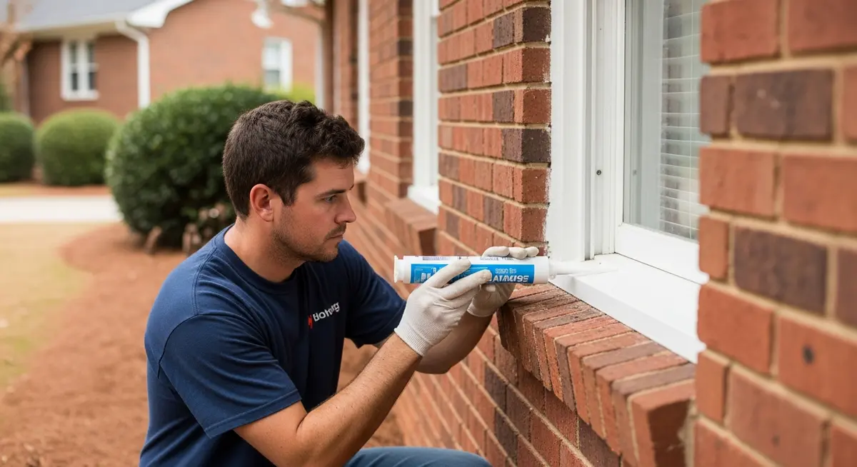 Professional exterior caulking contractor replacing window frame caulk on a 1970s brick ranch home in Atlanta Georgia showing contractor applying white silicone caulk to window frame-to-siding junction on brick veneer exterior wall DeKalb County residential neighborhood photograph