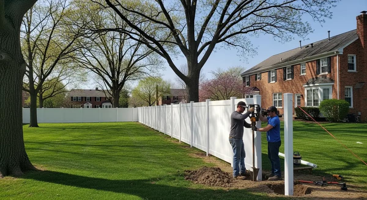 Professional fence installation contractor building a white vinyl privacy fence in a suburban Columbus Ohio backyard showing two contractors setting vinyl fence posts in concrete footings with completed fence panels installed along the property line suburban Franklin County neighborhood with mature oak trees and a colonial-style brick home visible in background
