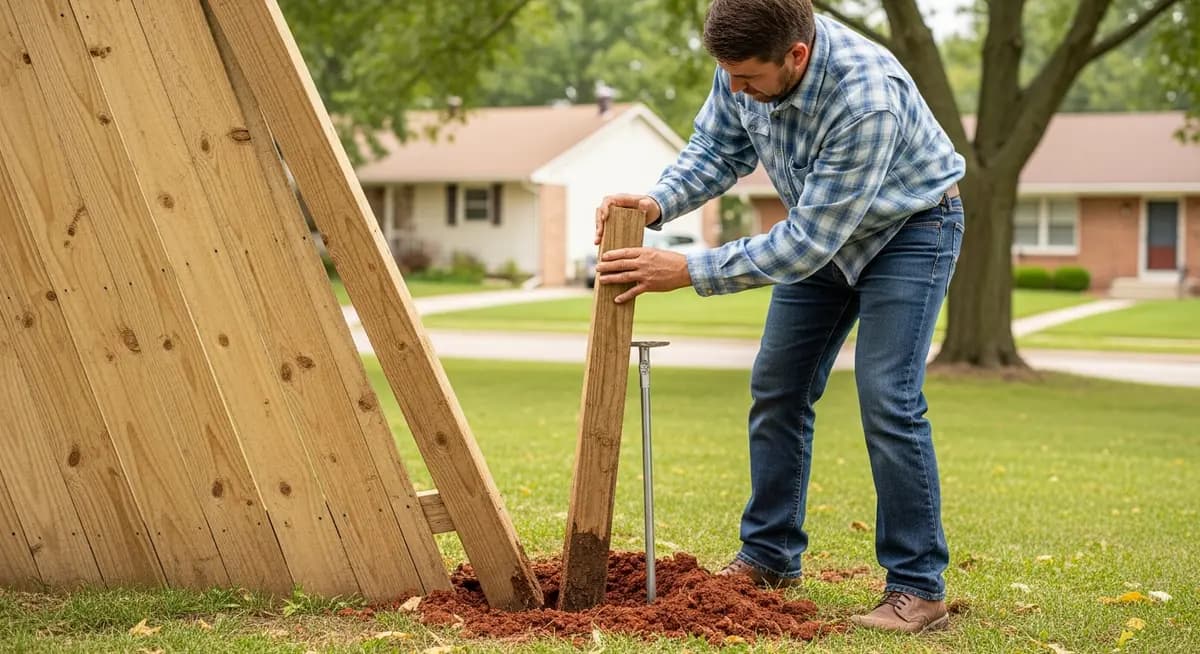 Professional fence contractor installing steel post repair spike beside leaning wood fence post in Des Moines Iowa residential backyard showing Polk County clay soil and 1990s cedar privacy fence with suburban neighborhood background