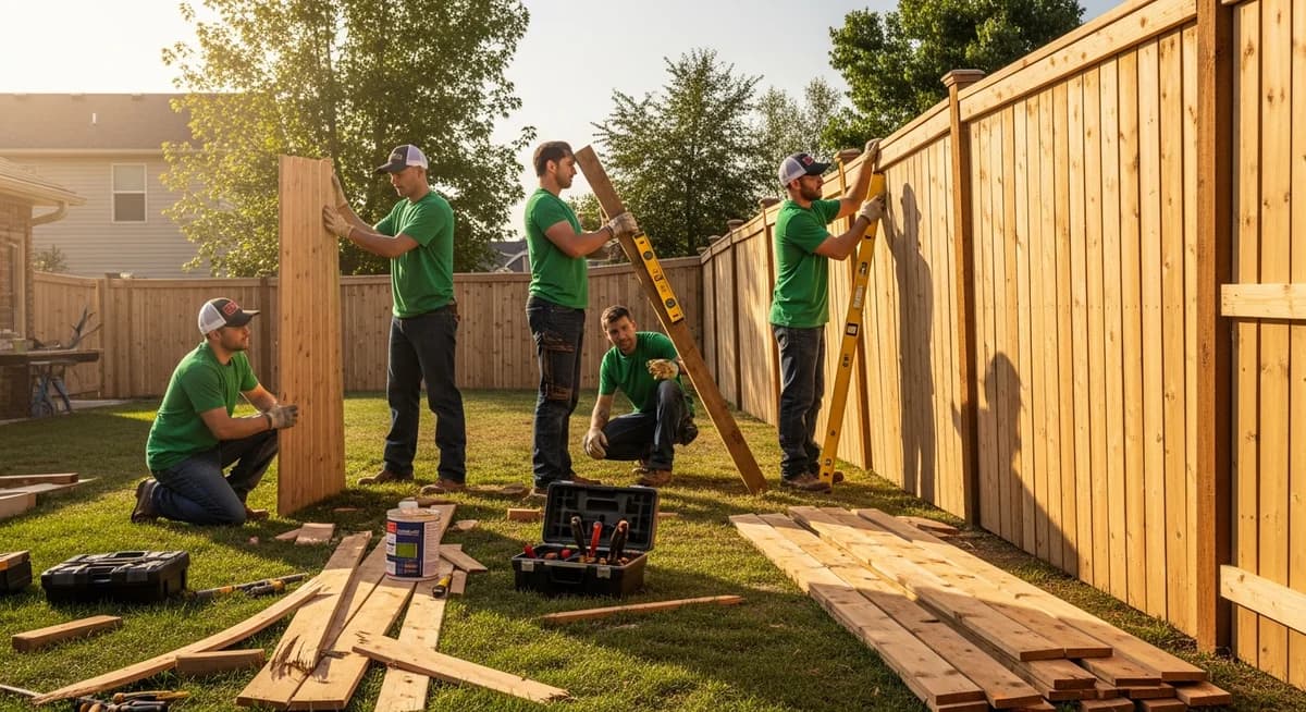 Professional fence repair contractor replacing storm-damaged cedar privacy fence boards and resetting fence posts with new concrete footings in Oklahoma City Oklahoma suburban neighborhood