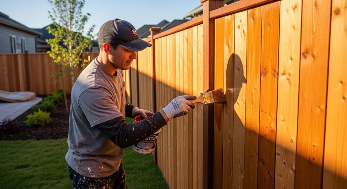 Professional fence staining contractor applying rich cedar wood stain to a residential privacy fence with a quality brush in a sunny backyard