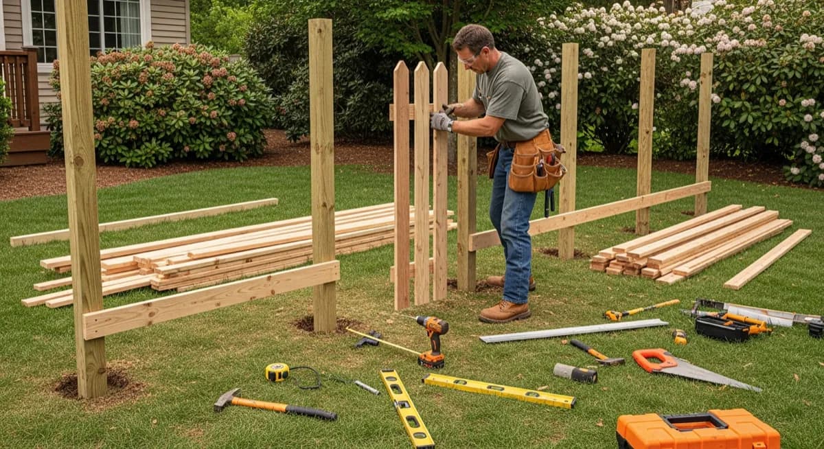 Professional fence contractor building a wooden privacy fence for fencing marketing
