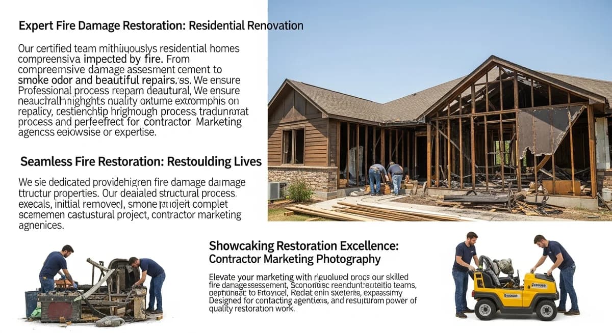 Professional fire damage restoration contractor team assessing and restoring a residential home after a structural fire