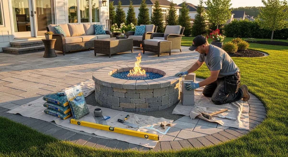 Professional fire pit contractor installing a custom gas fire pit with natural stone surround and decorative fire glass in a suburban Kansas City Missouri backyard patio