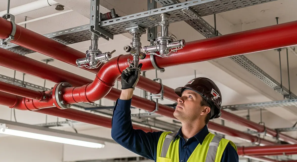 Professional fire sprinkler contractor technician in hard hat inspecting a commercial wet-pipe fire suppression system with chrome sprinkler heads and red-painted pipes on an industrial building ceiling