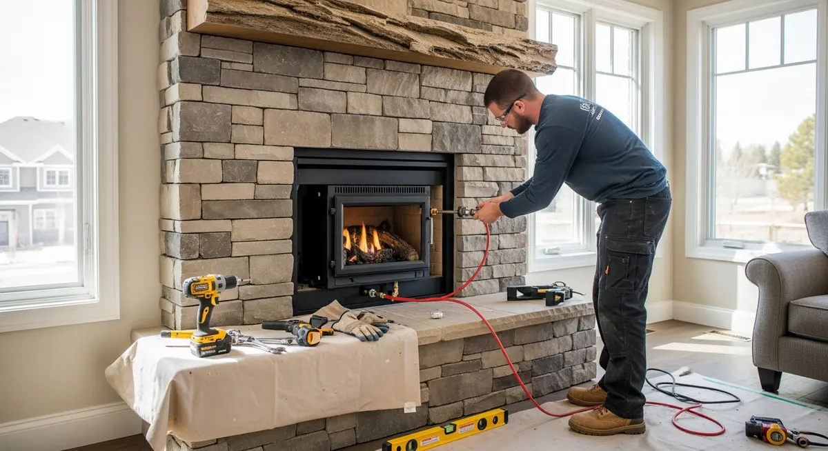 Professional fireplace contractor installing a gas fireplace insert into a stone surround in a Denver Colorado home with NFI certification and professional tools