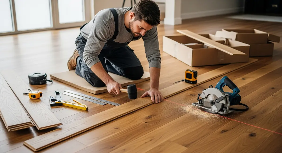 Professional flooring contractor installing hardwood floors in a residential home for flooring marketing
