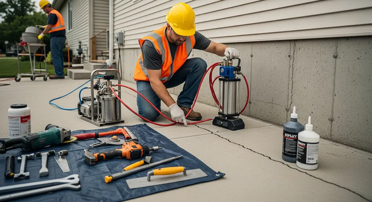Professional foundation repair contractor inspecting and repairing a residential foundation