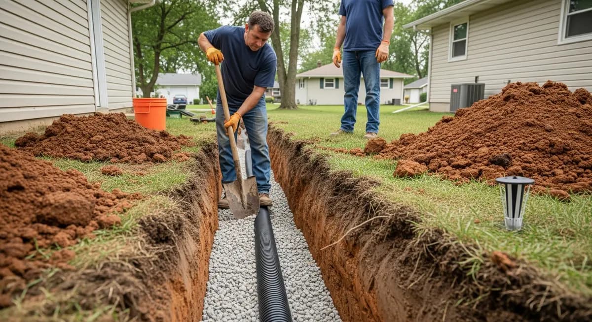 Professional french drain installation contractor digging a trench in a residential backyard in Indianapolis Indiana with heavy clay soil showing perforated corrugated pipe being laid in a trench with drainage gravel surrounding the pipe filter fabric lining the trench walls and a pop-up emitter at the end of the buried drain line directing surface water away from the home foundation