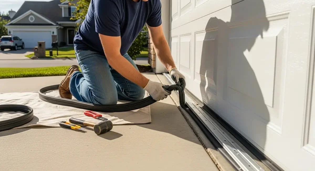 Professional garage door bottom bracket replacement contractor installing new heavy-gauge steel bottom corner bracket on residential sectional garage door Phoenix Arizona Maricopa County suburban home bright sunny day driveway photography