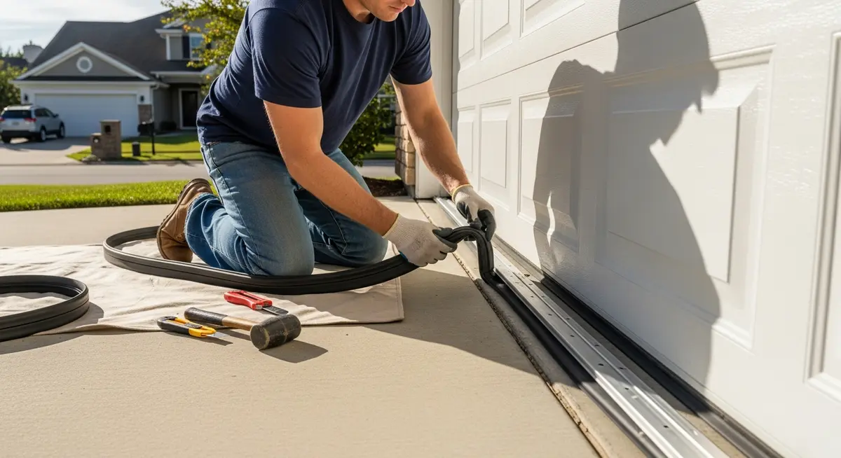 Professional garage door bottom seal replacement contractor in Houston Texas suburban home driveway kneeling next to white residential garage door replacing rubber bottom T-slot retainer seal on concrete garage floor Harris County suburban neighborhood photograph bright natural lighting