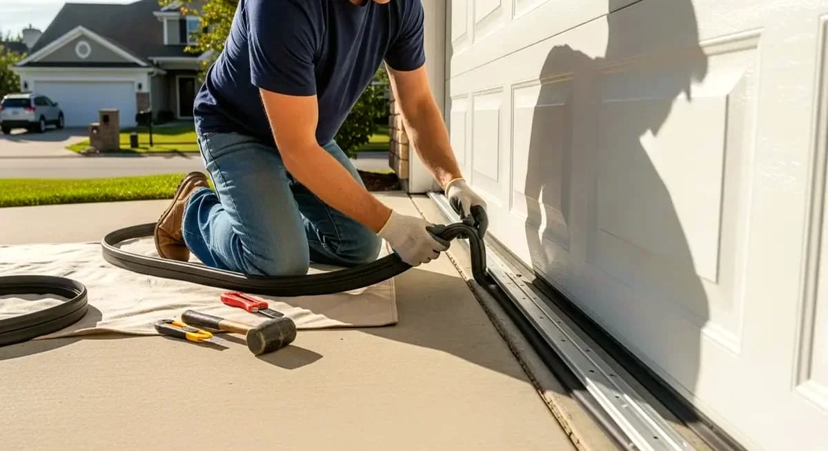 Professional garage door cable drum replacement contractor installing new cable drum assembly on torsion bar of residential sectional garage door Fort Worth Texas Tarrant County suburban home bright natural lighting driveway photography