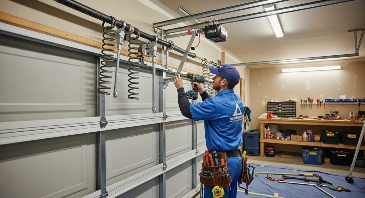 Professional garage door technician installing a residential garage door for marketing
