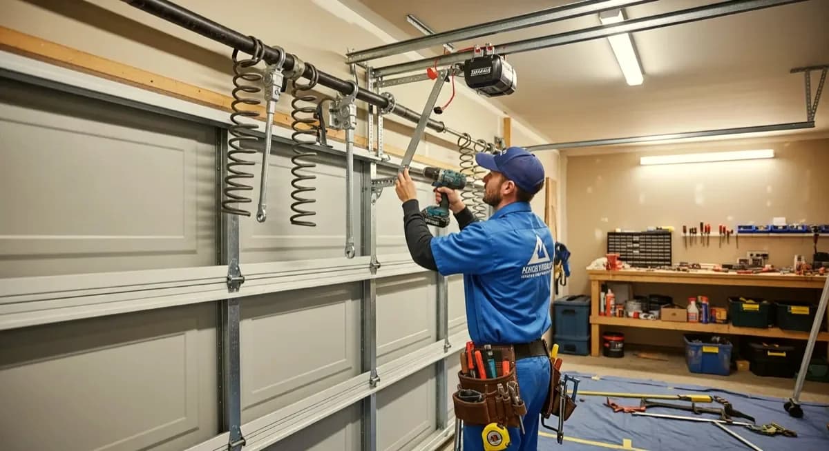 Professional garage door technician replacing circuit board logic board in residential garage door opener in Nashville Tennessee Davidson County suburban neighborhood photography