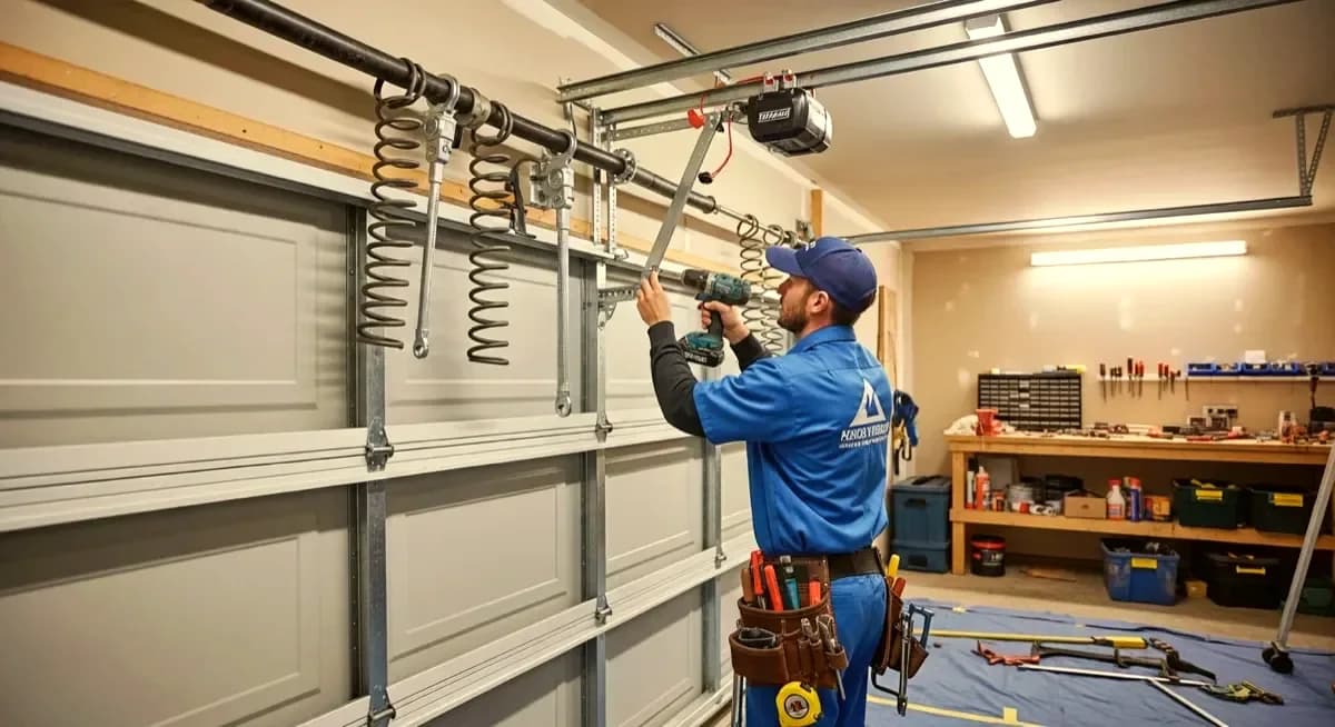 Professional garage door technician replacing stripped nylon worm gear and sprocket assembly in chain-drive residential garage door opener in Columbus Ohio Franklin County neighborhood photography
