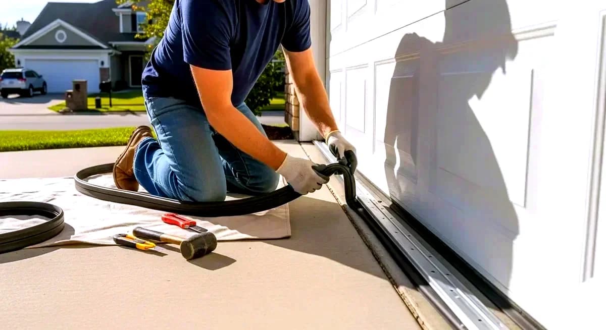 Professional garage door spring anchor plate replacement contractor installing reinforced center stationary bearing plate on residential garage door torsion spring system in Colorado Springs Colorado El Paso County suburban home bright Colorado mountain morning sunlight residential neighborhood photography
