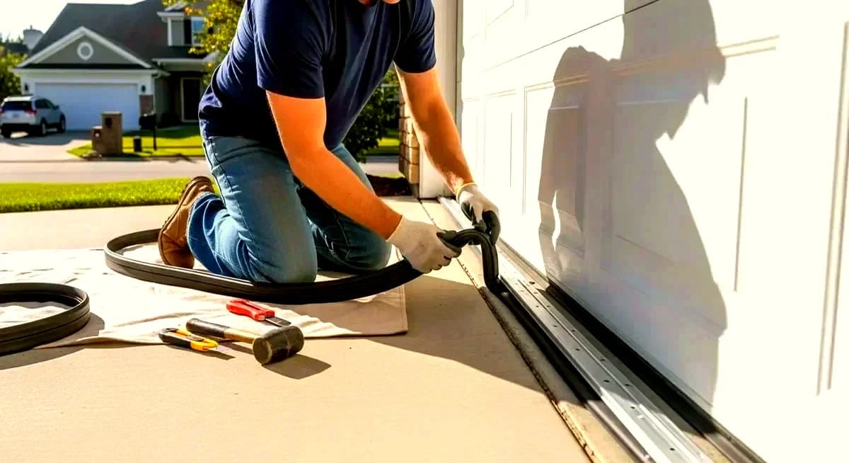 Professional garage door torsion bar end bearing plate replacement contractor installing new ball-bearing end plate assembly on residential sectional garage door torsion spring system in San Antonio Texas Bexar County suburban home bright Texas morning sunlight residential neighborhood photography