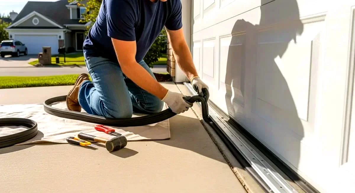Professional garage door torsion spring replacement contractor installing high-cycle replacement spring on residential garage door in Denver Colorado Denver County suburban home bright Colorado spring sunlight residential neighborhood photography