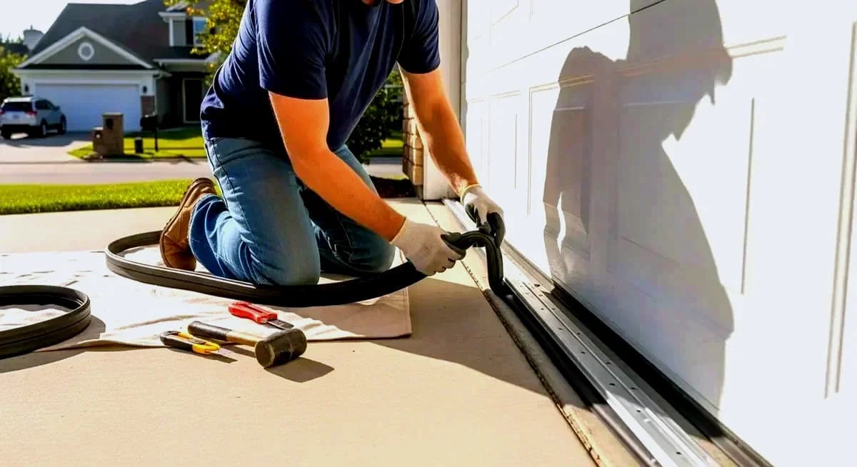 Professional garage door track roller replacement contractor installing sealed nylon roller set on a residential sectional garage door track in Indianapolis Indiana Marion County Carmel Fishers suburban neighborhood photography