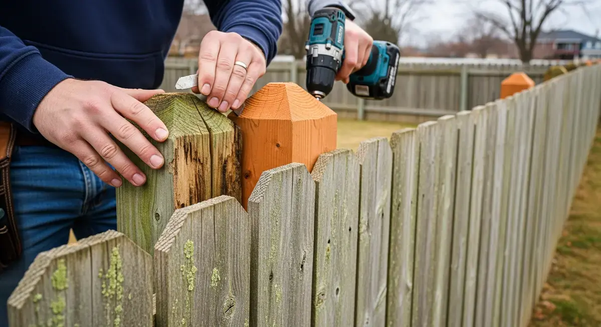 Professional gate post cap replacement contractor installing new steel decorative finial gate post cap on ornamental iron driveway gate suburban Denver Colorado Jefferson County Rocky Mountains background blue sky sunshine photography