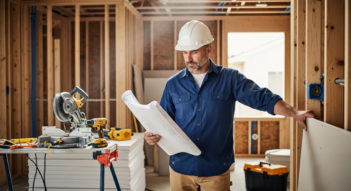 Professional general contractor reviewing blueprints on a remodeling job site for marketing