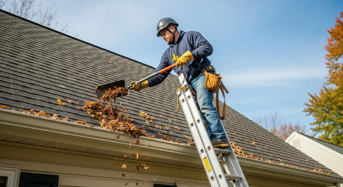 Professional gutter cleaning contractor on a ladder scooping debris from a residential rain gutter on a two-story colonial home with autumn leaves on the roof