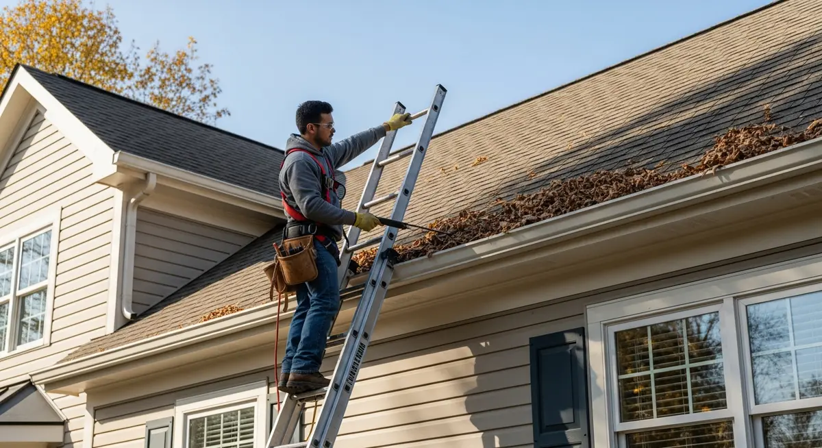 Professional gutter contractor cleaning and installing gutters on a residential home