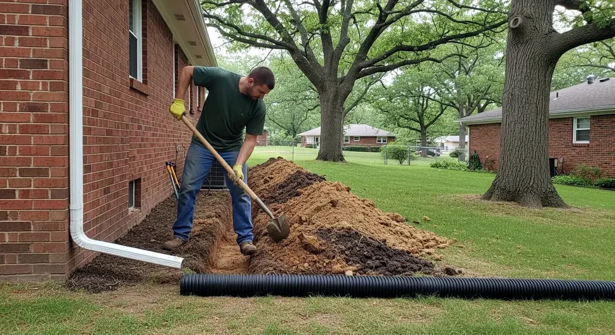 Professional gutter downspout elbow replacement contractor installing new aluminum outlet elbow on residential gutter system in Nashville Tennessee Davidson County suburban home overcast Middle Tennessee sky autumn residential neighborhood photography
