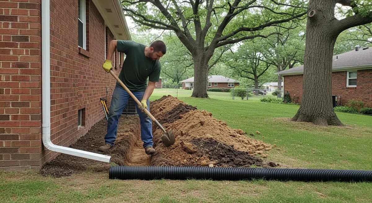Professional gutter downspout extension contractor in Indianapolis Indiana burying black corrugated polyethylene drain pipe in trench from residential downspout to pop-up emitter in lawn showing Marion County clay soil excavation with completed underground drain pipe section visible in trench and white aluminum downspout adapter connection at foundation wall of brick ranch home