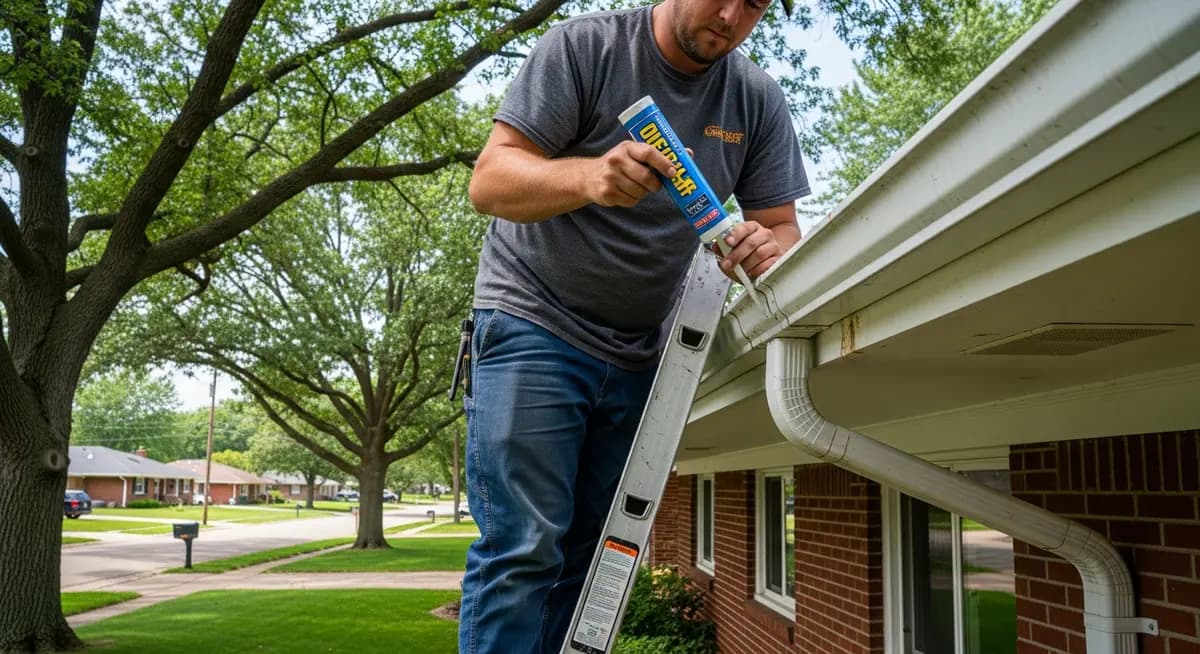 Professional gutter contractor on aluminum ladder repairing leaking gutter end cap on K-style aluminum gutter on 1960s Fort Wayne Indiana brick ranch home showing sealant application at end cap joint with Allen County residential neighborhood street and mature oak trees in background