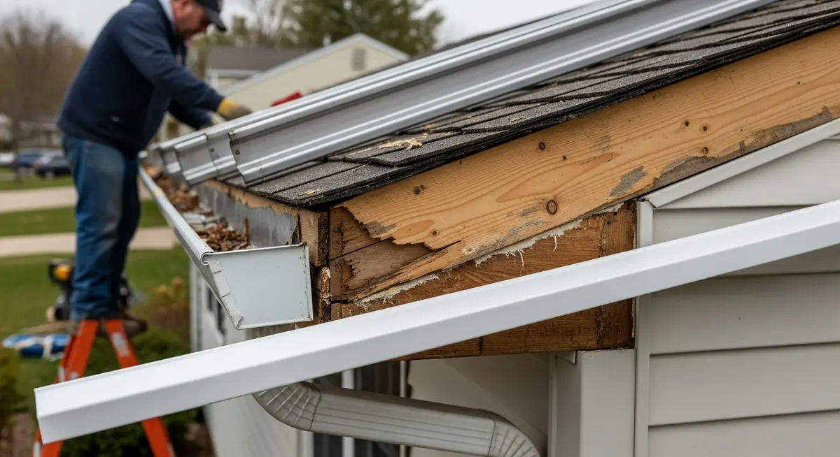Professional contractor replacing rotted wood fascia board behind aluminum K-style gutter on 1970s Columbus Ohio ranch home in Franklin County suburban neighborhood showing removed gutter sections and new white PVC cellular fascia board installation on residential roofline exterior
