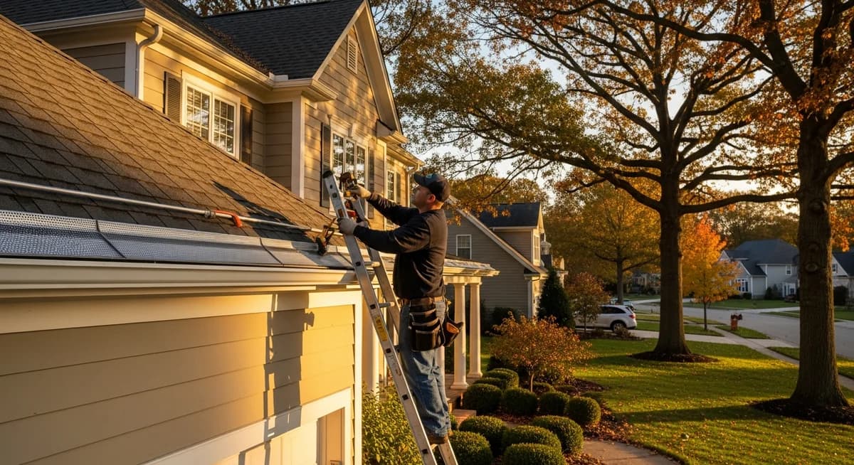 Professional gutter guard installer fitting premium micro-mesh gutter protection system on a two-story colonial home