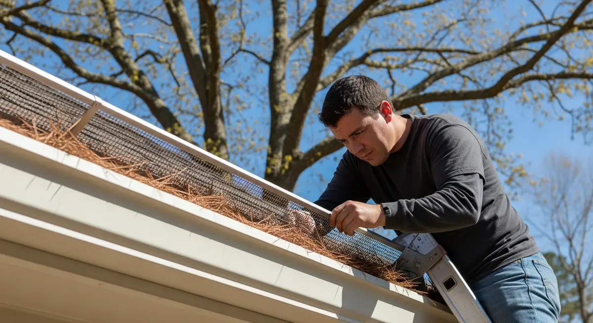 Professional gutter guard installation contractor in Charlotte North Carolina installing stainless steel micro-mesh gutter guard system on two-story colonial home with heavy tree canopy showing contractor on ladder securing micro-mesh guard over aluminum gutter with Mecklenburg County suburban neighborhood large oak and pine trees overhead