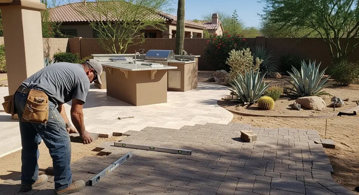 Professional hardscape contractor installing natural stone patio pavers in the backyard of an upscale suburban home with a completed outdoor kitchen island visible in the background