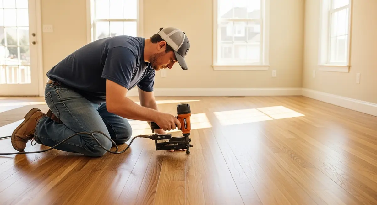 Professional hardwood floor installation contractor in Raleigh North Carolina installing solid oak hardwood flooring planks in a Wake County suburban home showing contractor using pneumatic nailer to nail hardwood floor boards to subfloor with freshly installed golden brown oak hardwood floor extending across sunlit living room interior
