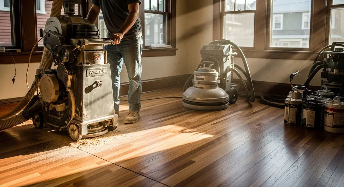 Professional hardwood floor refinishing contractor operating a commercial drum sander on original oak hardwood floors in a historic craftsman home in Louisville Kentucky showing raw sanded wood ready for staining