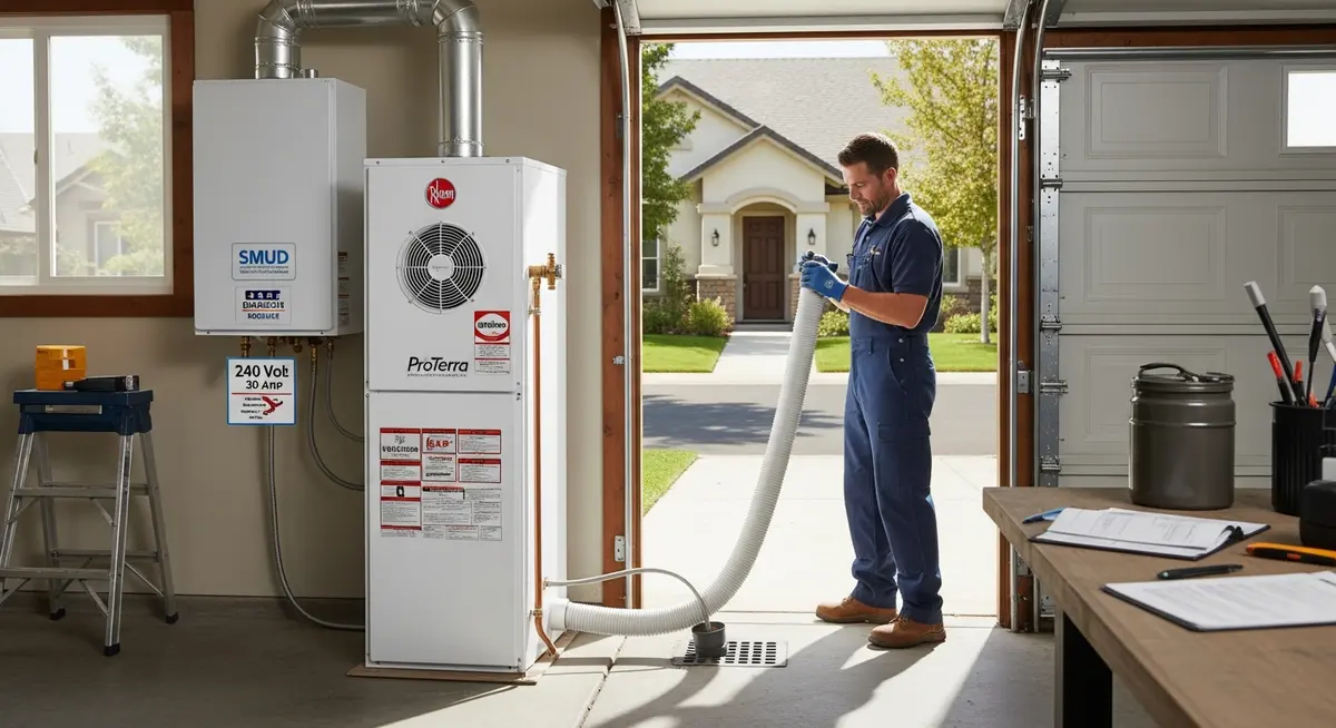 Professional heat pump water heater contractor installing a modern 80-gallon Rheem ProTerra heat pump water heater in a suburban Sacramento California garage utility area showing the white heat pump water heater unit with the fan grille on top extracting warmth from garage air a flexible condensate drain line running to a floor drain a dedicated 240-volt 30-amp electrical circuit connected to the unit SMUD energy rebate documentation paperwork on the workbench and California sunshine visible through the garage door