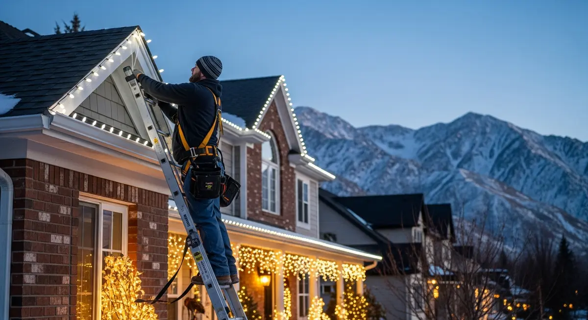 Professional holiday lighting installation contractor on extension ladder installing C9 LED strand lights along residential roofline with snow-capped mountains in background at dusk