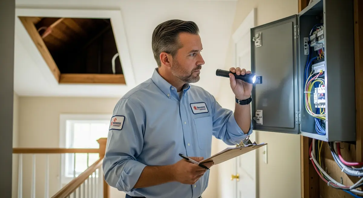Licensed home inspector with clipboard and flashlight examining the electrical panel of a suburban colonial home during a professional home inspection