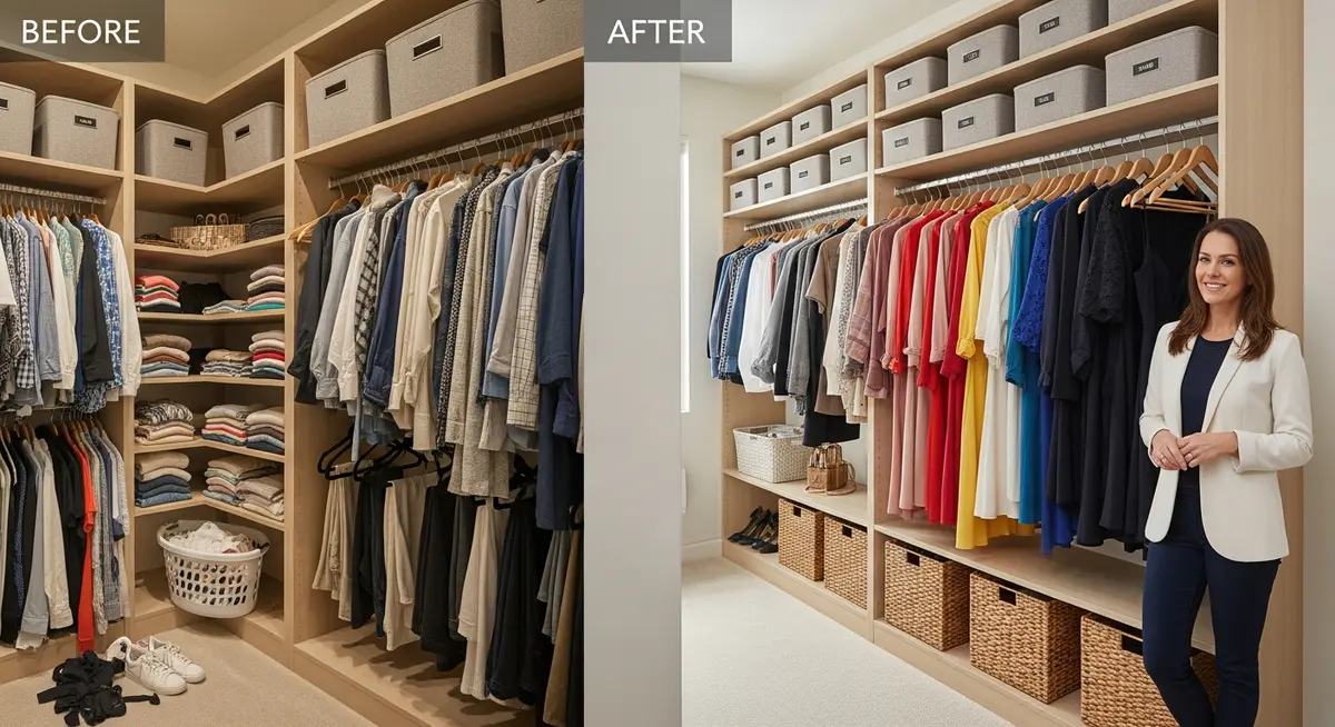Professional home organizer organizing a neat walk-in closet with labeled bins, folded clothes on color-coordinated shelves, and woven baskets in a bright clean home